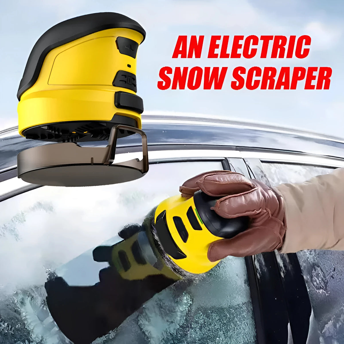 Yellow cordless electric car ice scraper with USB charging cable on a frosty car windscreen.