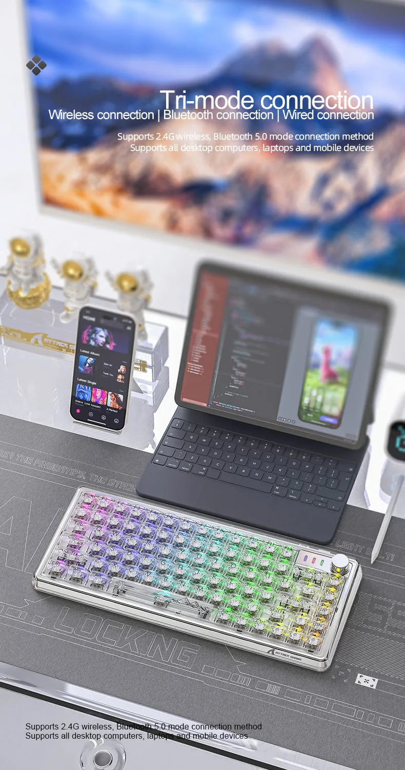 Attack Shark K75 RGB wireless mechanical keyboard with transparent black case showing RGB lighting and compact 75% layout
