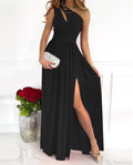 Women's one-shoulder cocktail maxi dress with high side split and sleeveless cutout in soft fabric
