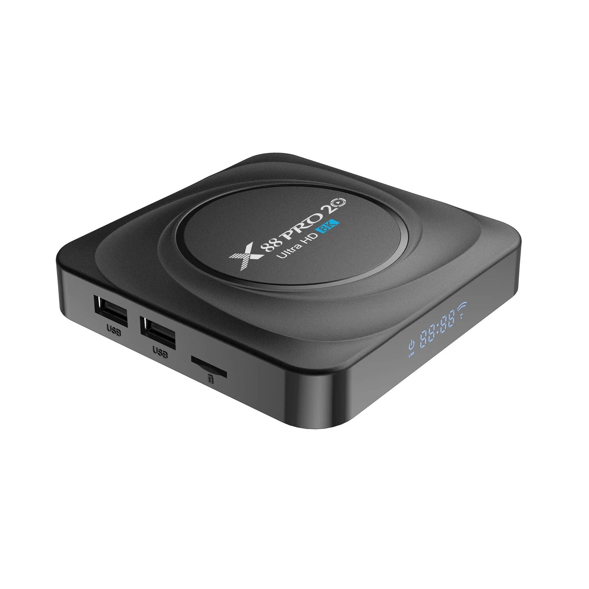 Android set-top TV box with remote control on a wooden surface