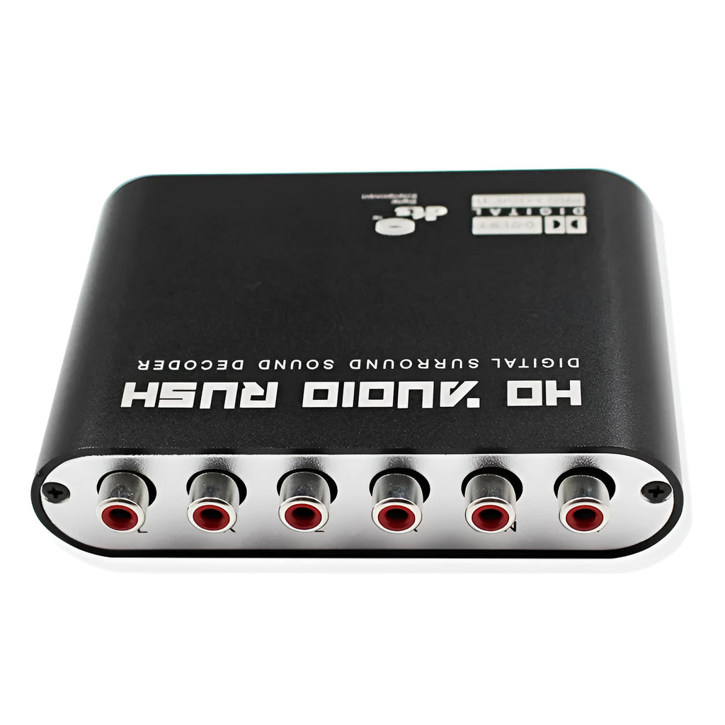 Black DTS Dolby Digital audio decoder unit with optical, coaxial, and stereo inputs for 5.1 channel analogue output.