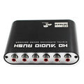 Black DTS Dolby Digital audio decoder unit with optical, coaxial, and stereo inputs for 5.1 channel analogue output.