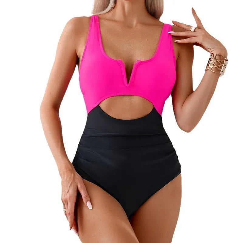 Women's contrast colour one-piece swimsuit in nylon, shown in green, black, dark pink, and brown colour options.