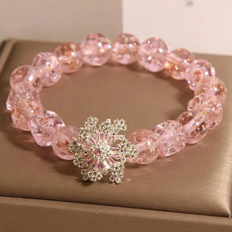 Pink colored glaze special-shaped bead bracelet with micro-inlaid snowflake design for women
