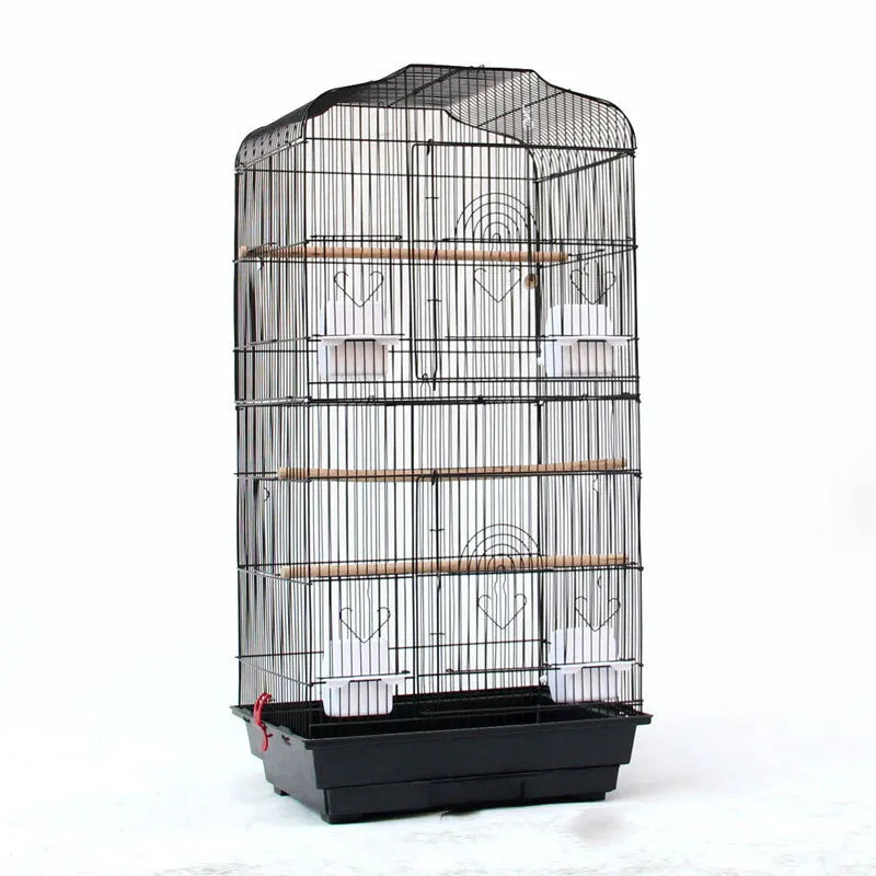 Portable black wire bird cage for small to medium parrots, 45.5x35x93.5cm, with wooden poles and plastic food cups
