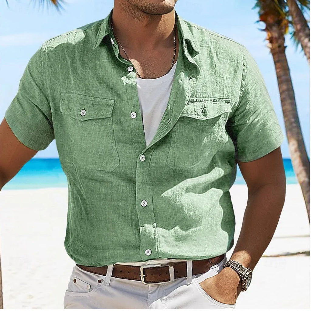 Men's loose fit cotton summer shirt with polo collar in solid colours