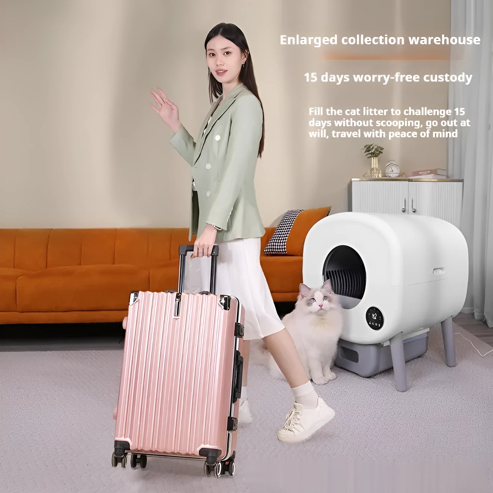 Automatic self-cleaning white cat litter box with large interior and sealed waste drawer compartment.