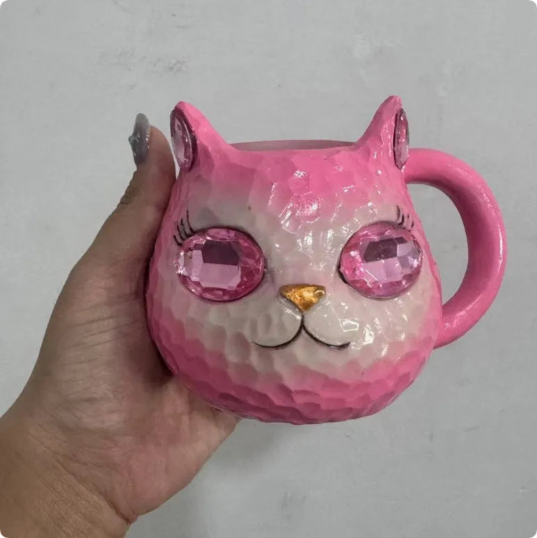 American style decorative resin cat cup in blue, green, pink, or purple colour.