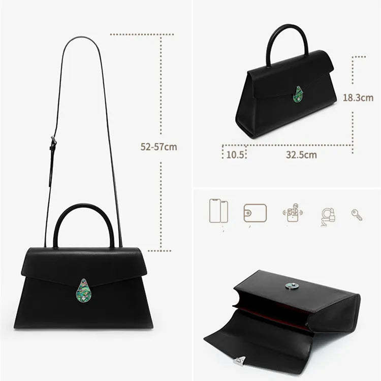 Women's large capacity top layer cowhide leather shoulder bag with adjustable 52-57cm strap, black or red, flap latch.