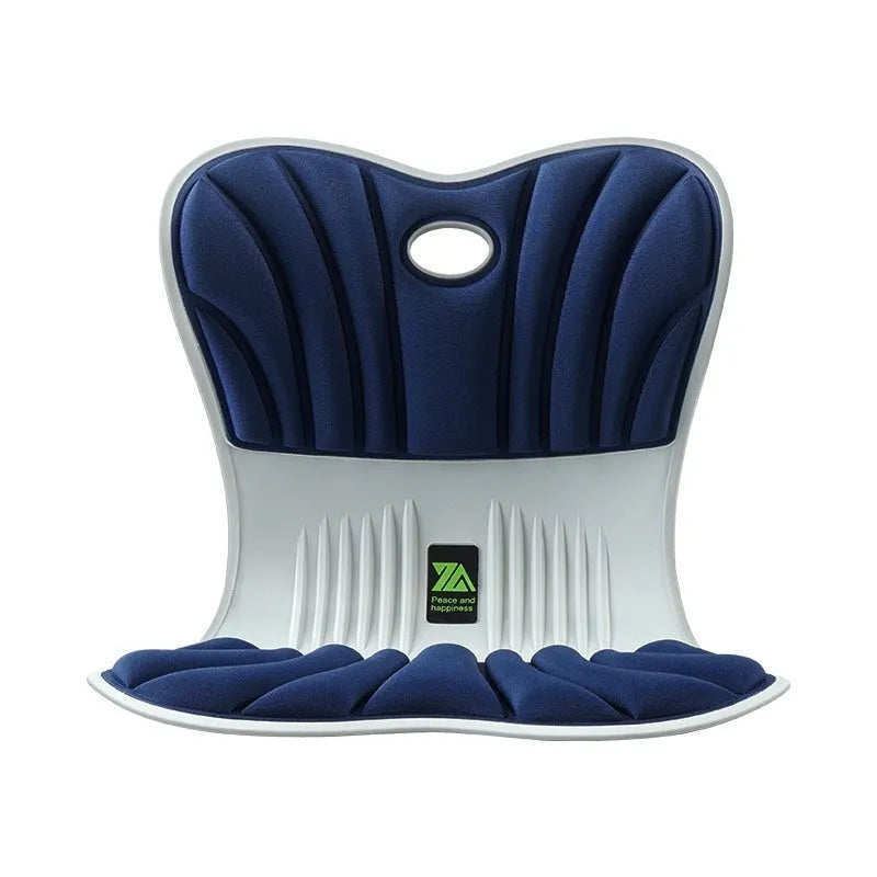 Grey ergonomic seat cushion with waist support contour on office chair