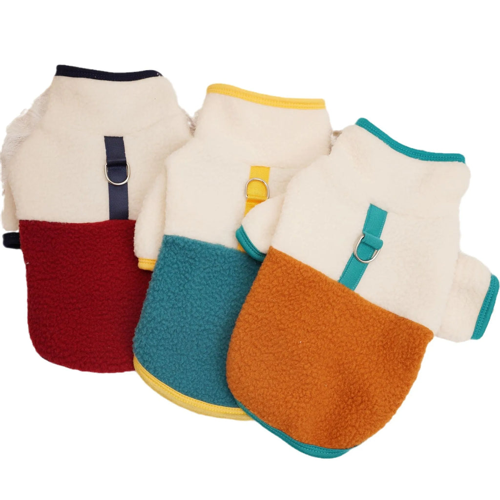 Lambswool Berber fleece pet sweatshirt for dogs in caramel, dark green, or wine red, sizes S to XXL.