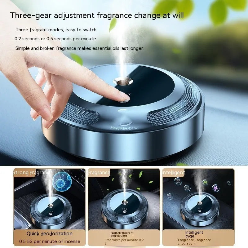 Automatic car air freshener with zinc alloy shell showing 89x35mm dimensions and included fragrance solutions