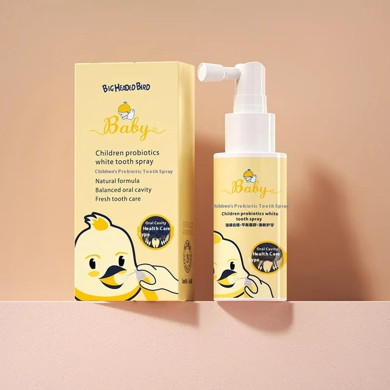 Children's probiotic oral spray bottle in strawberry and orange flavours for teeth cleaning