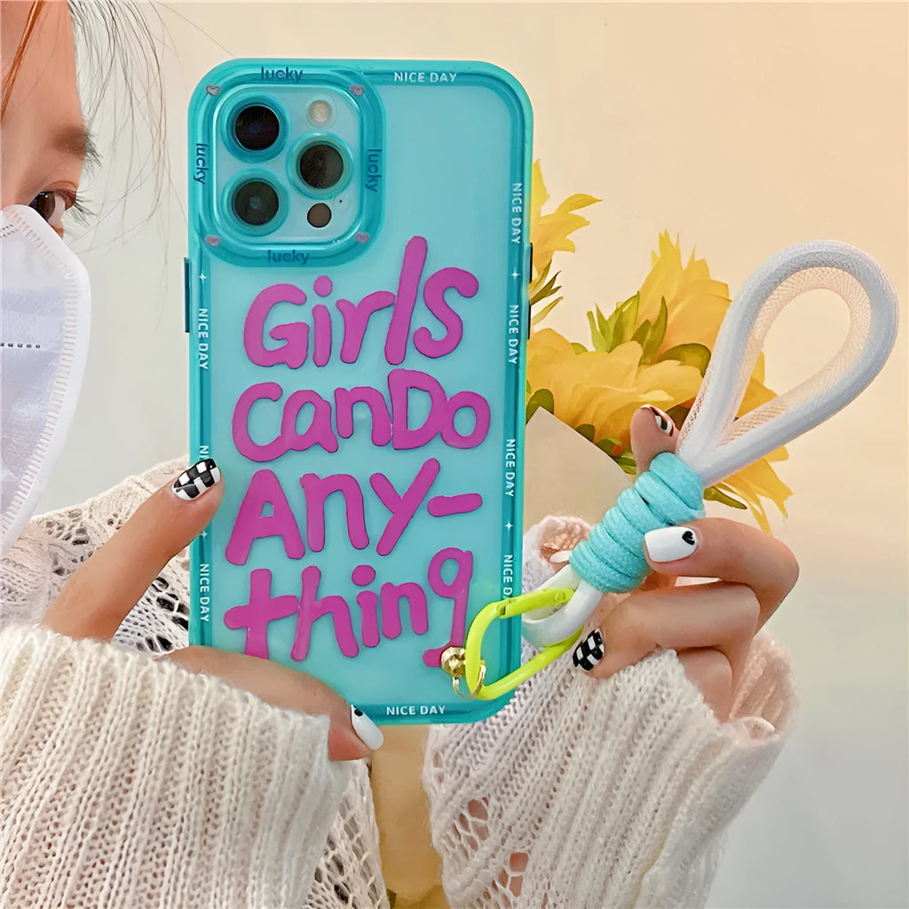 Graffiti hand-painted TPU iPhone case with lanyard in mint green, blue-haired girl, or green crocodile design