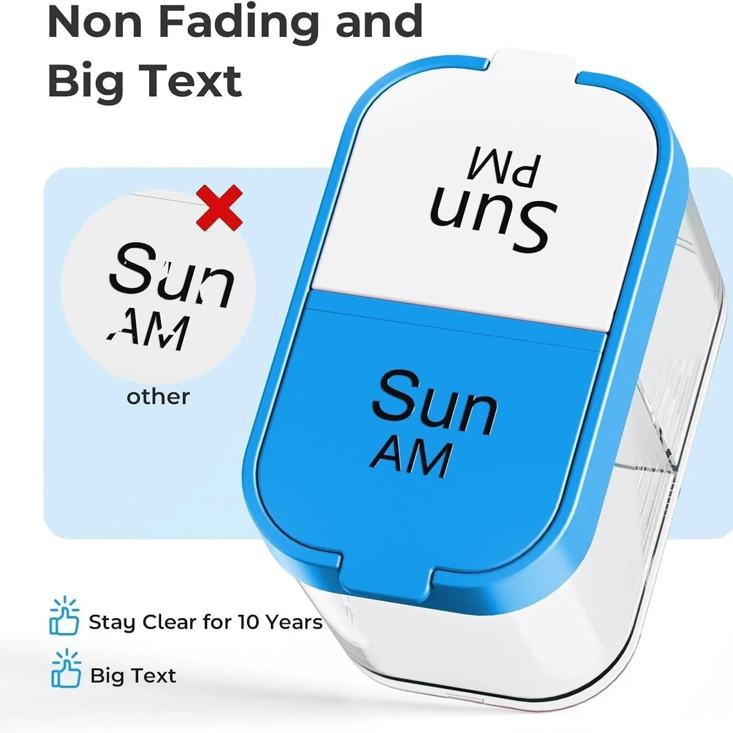 White and rainbow coloured portable pill organiser with 14 removable compartments, shown disassembled.