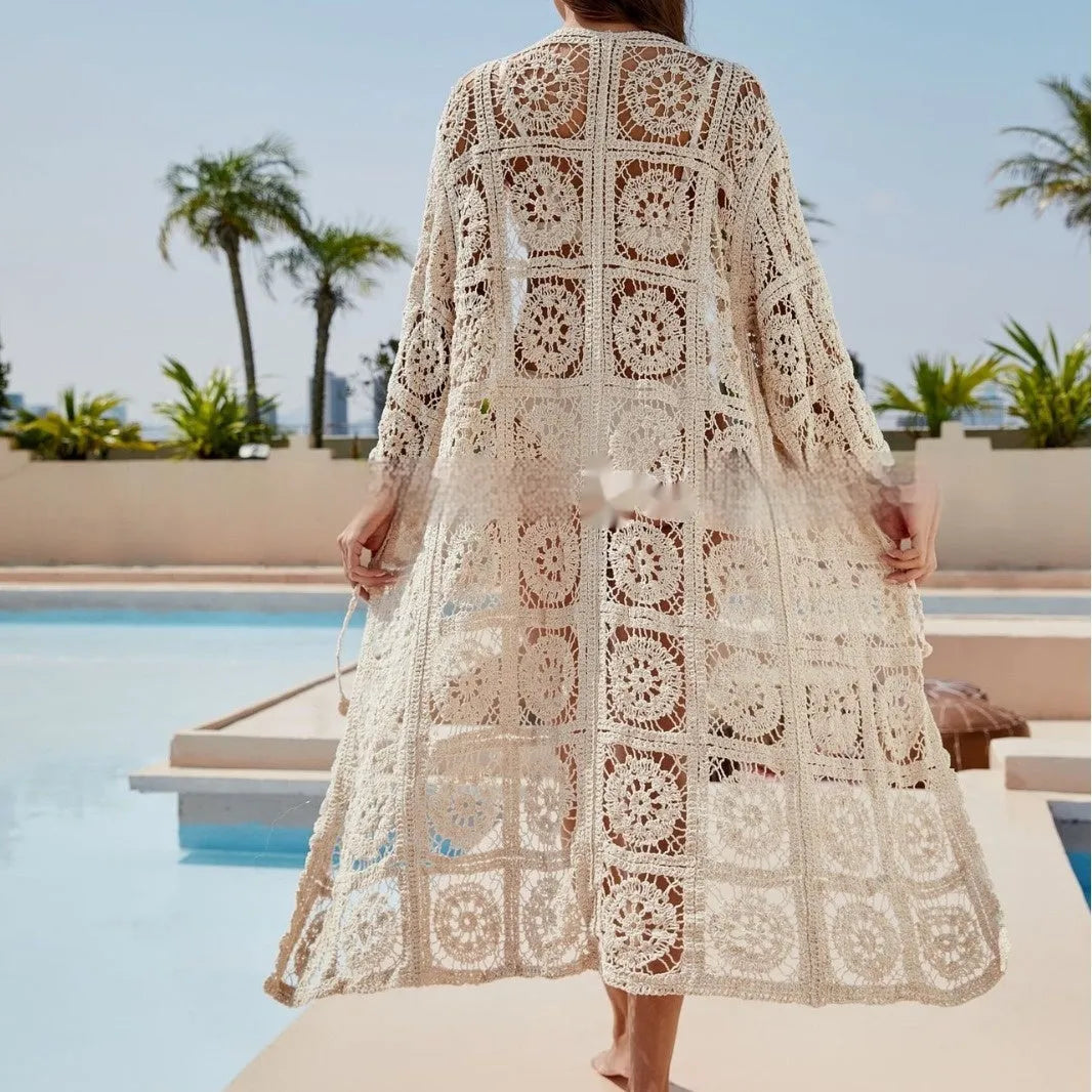 Apricot coloured long sleeved cotton beach shirt with embroidery, worn as a bikini cover-up.