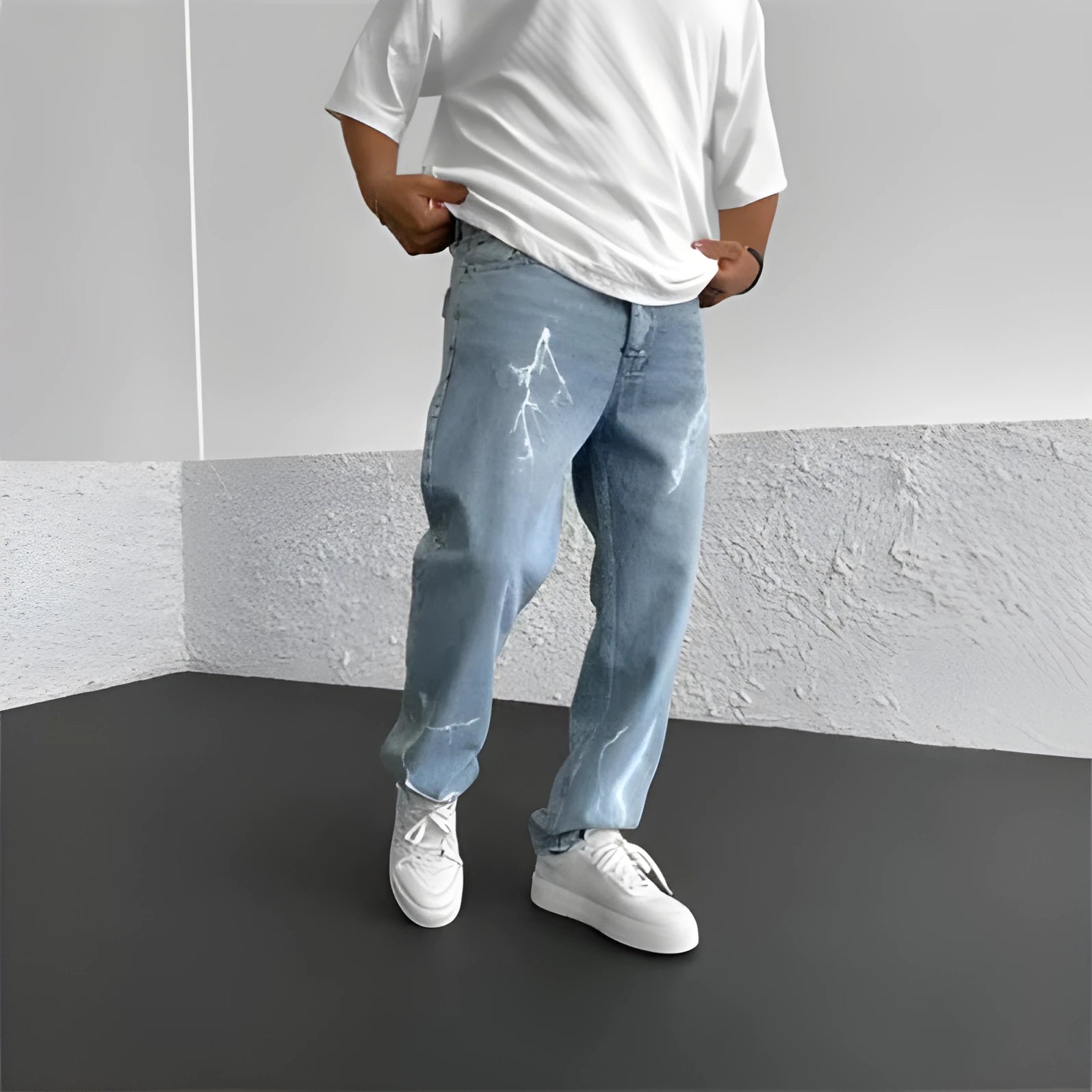 Men's blue straight-leg jeans with loose wide-leg fit and mid-rise waist