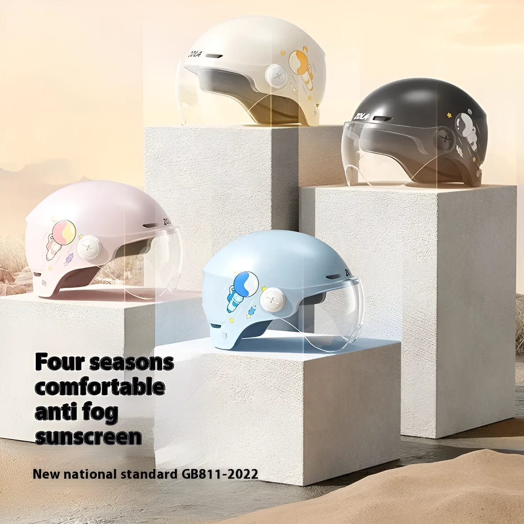 Khaki coloured motorcycle half helmet with a long mirrored visor attached on a table.