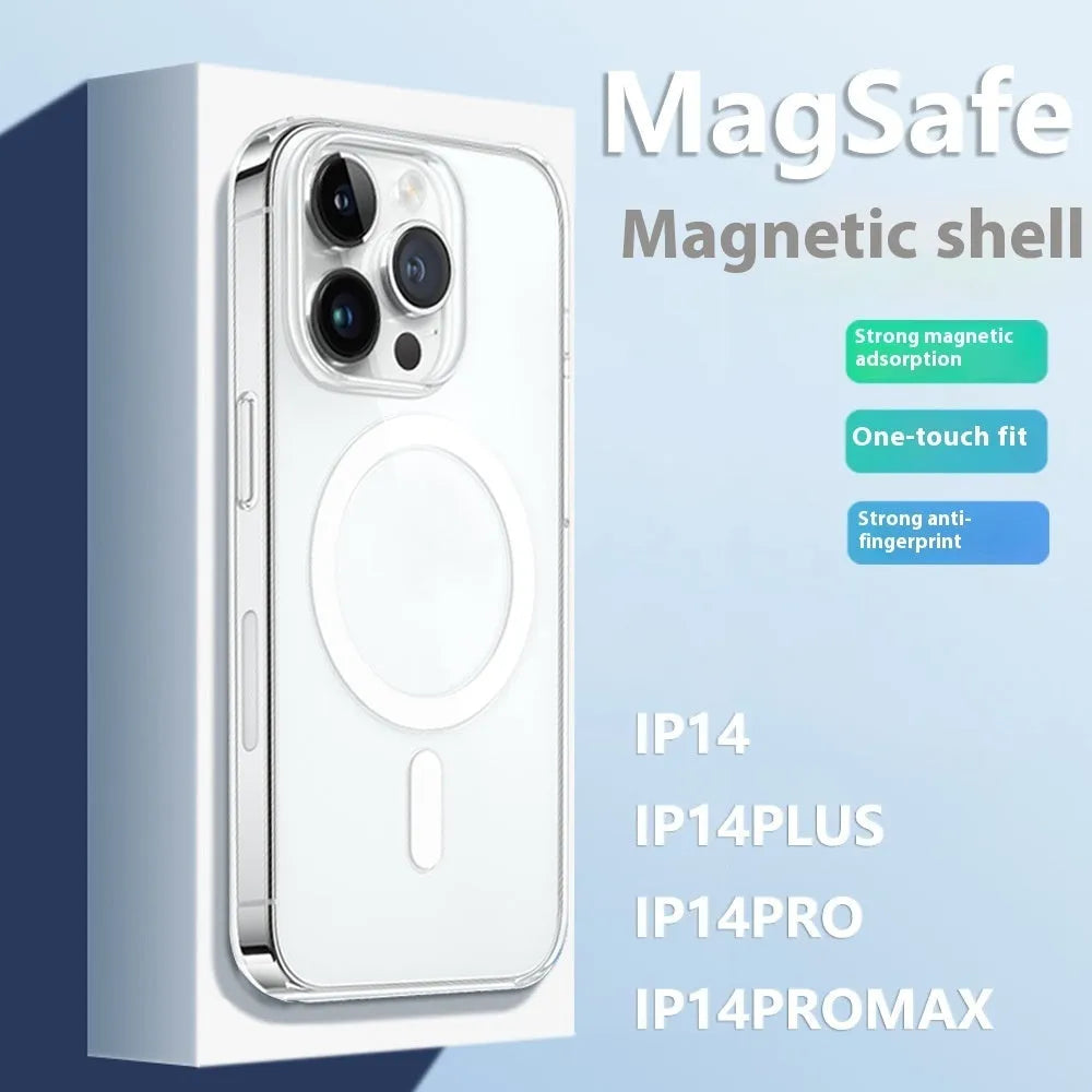 Transparent magnetic PC phone case for Apple 16 and 16 Plus with airbag corners and straight edge all-inclusive design