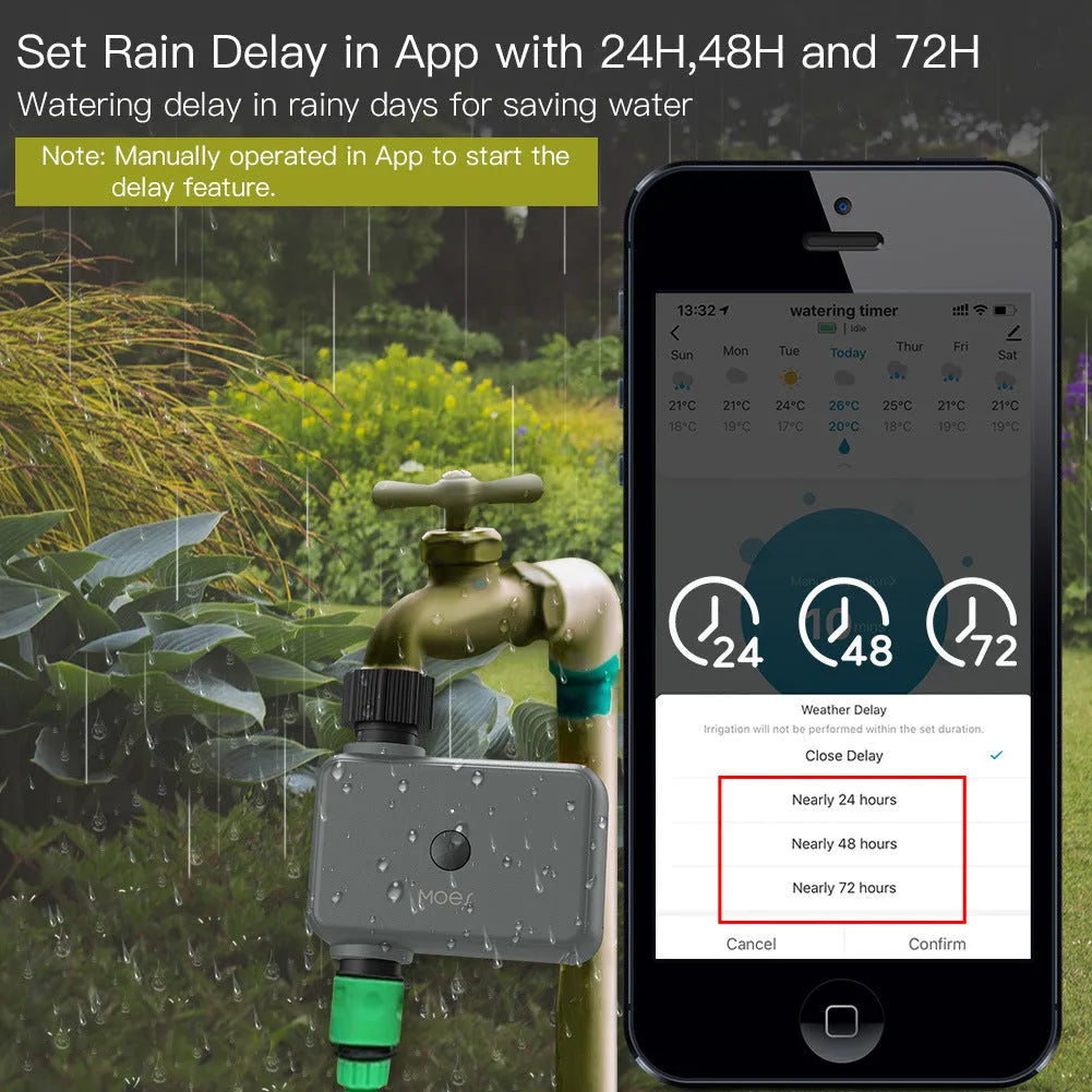 Bluetooth smart garden water timer with digital display connected to a garden hose