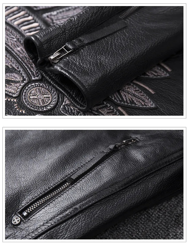 Men's black genuine leather stand collar motorcycle jacket with skull pattern