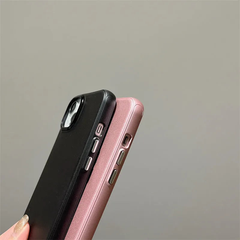 Imitation leather phone case for iPhone 15 Pro Max in solid black colour with embossed texture and protective edge