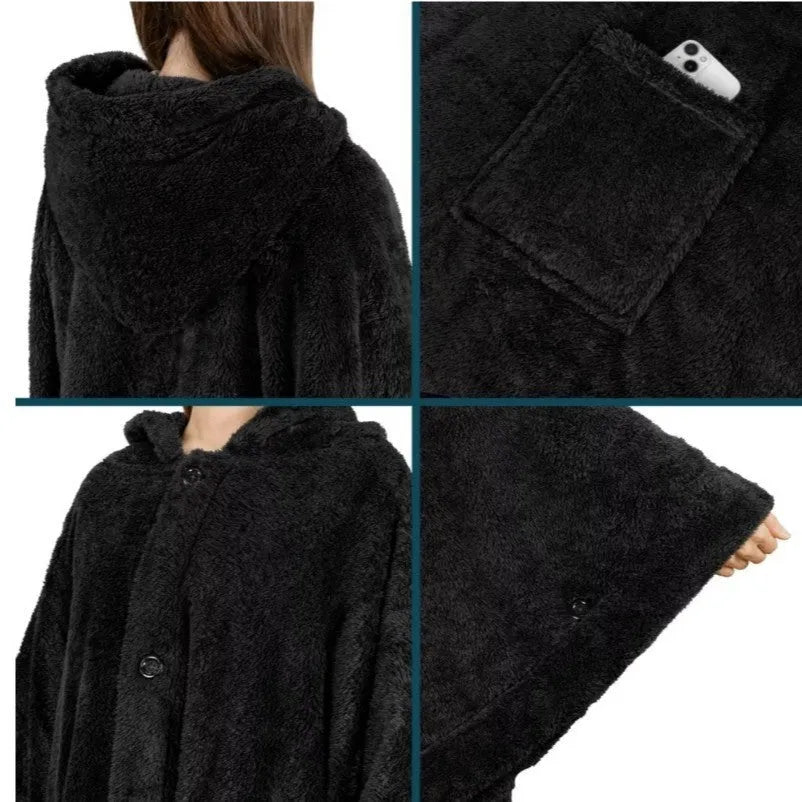 A hooded, long sleeve bathrobe in a cardigan style, shown in a solid colour.