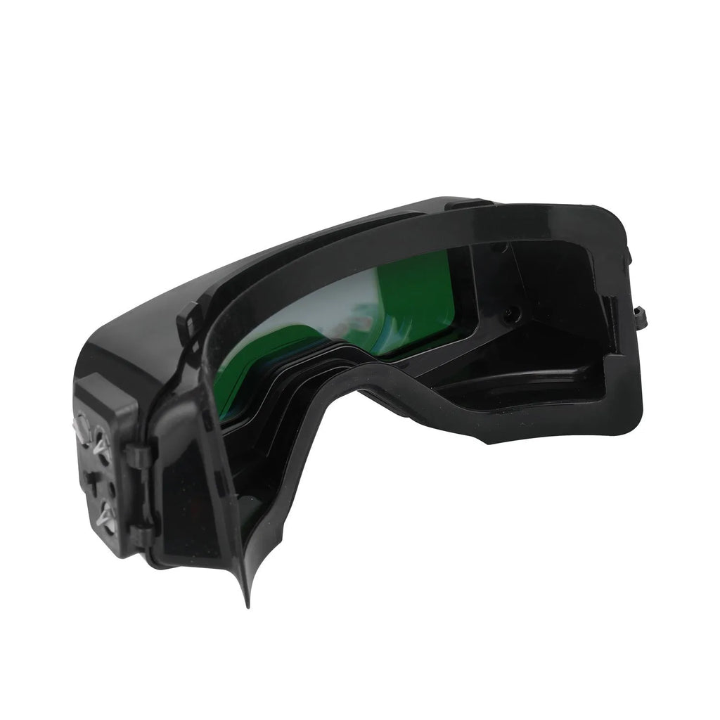 Black automatic darkening welding mask showing the large rectangular viewing lens.