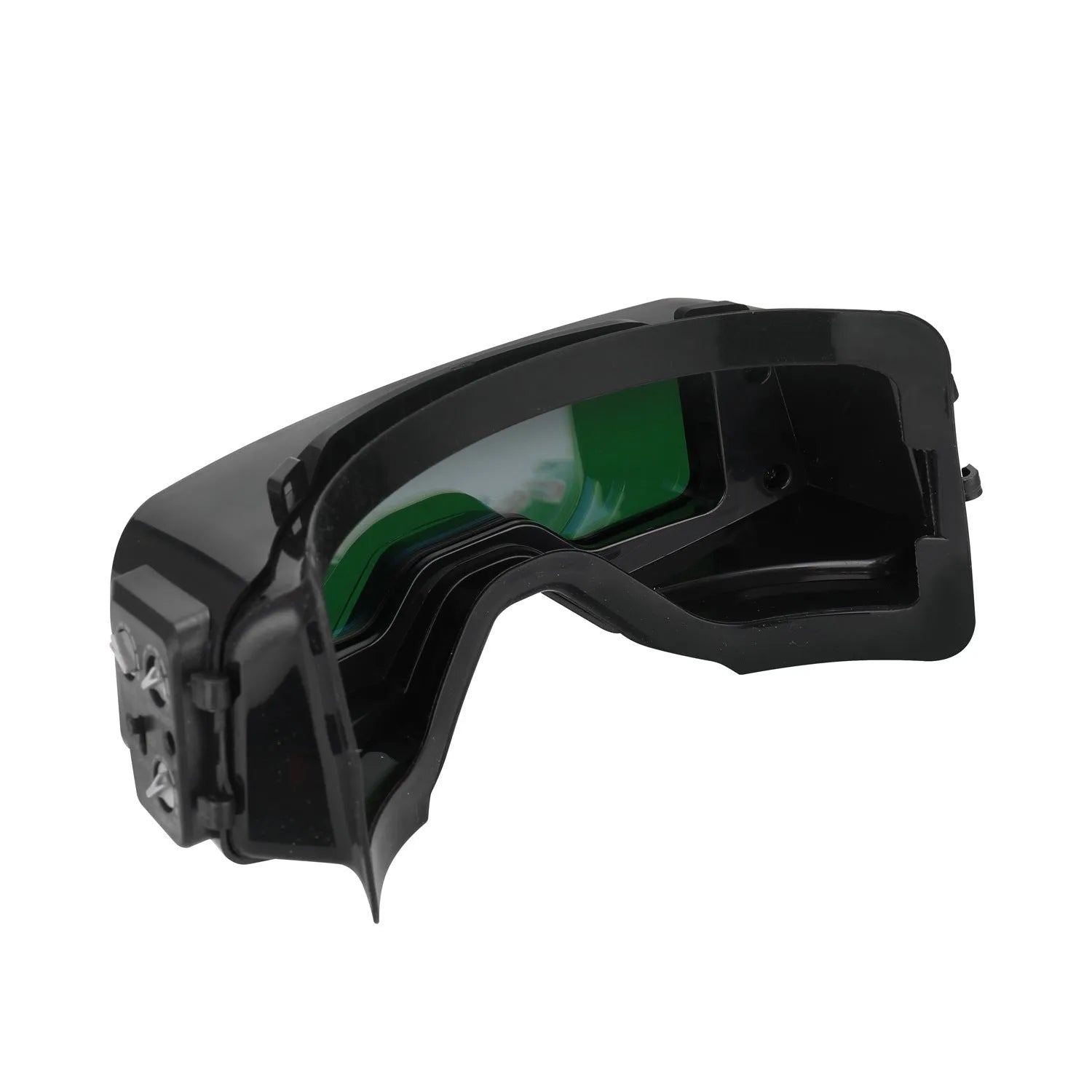 Black automatic darkening welding mask showing the large rectangular viewing lens.