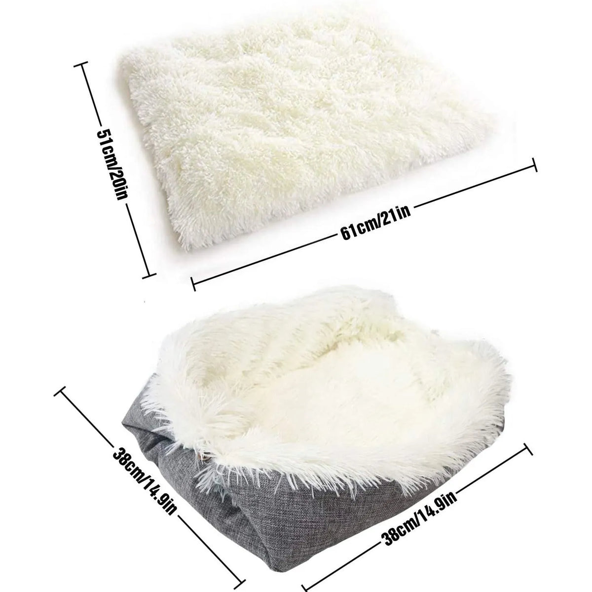 Grey and white pet blanket nest with long plush surface and black non-slip bottom