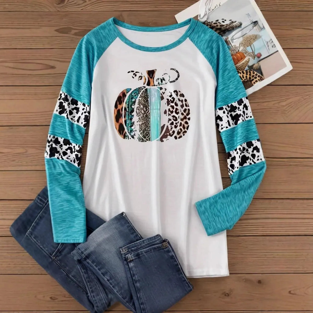 White long sleeve casual T-shirt with a sky blue Halloween pumpkin digital print design.