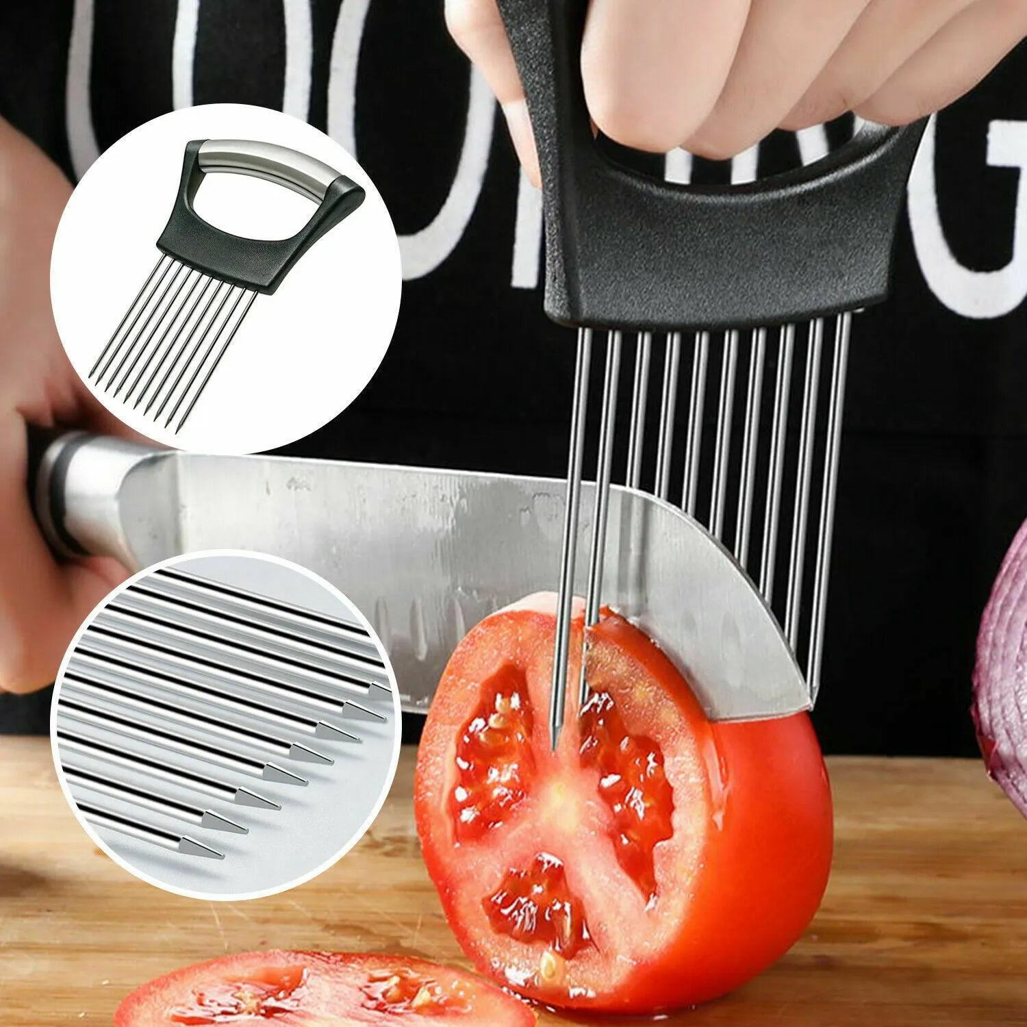 Stainless steel food slice assistant with ABS handle for kitchen slicing tasks