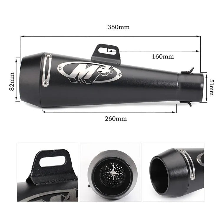 M4 universal motorcycle exhaust pipe in stainless steel with various finish options including black, titanium, and half blue.
