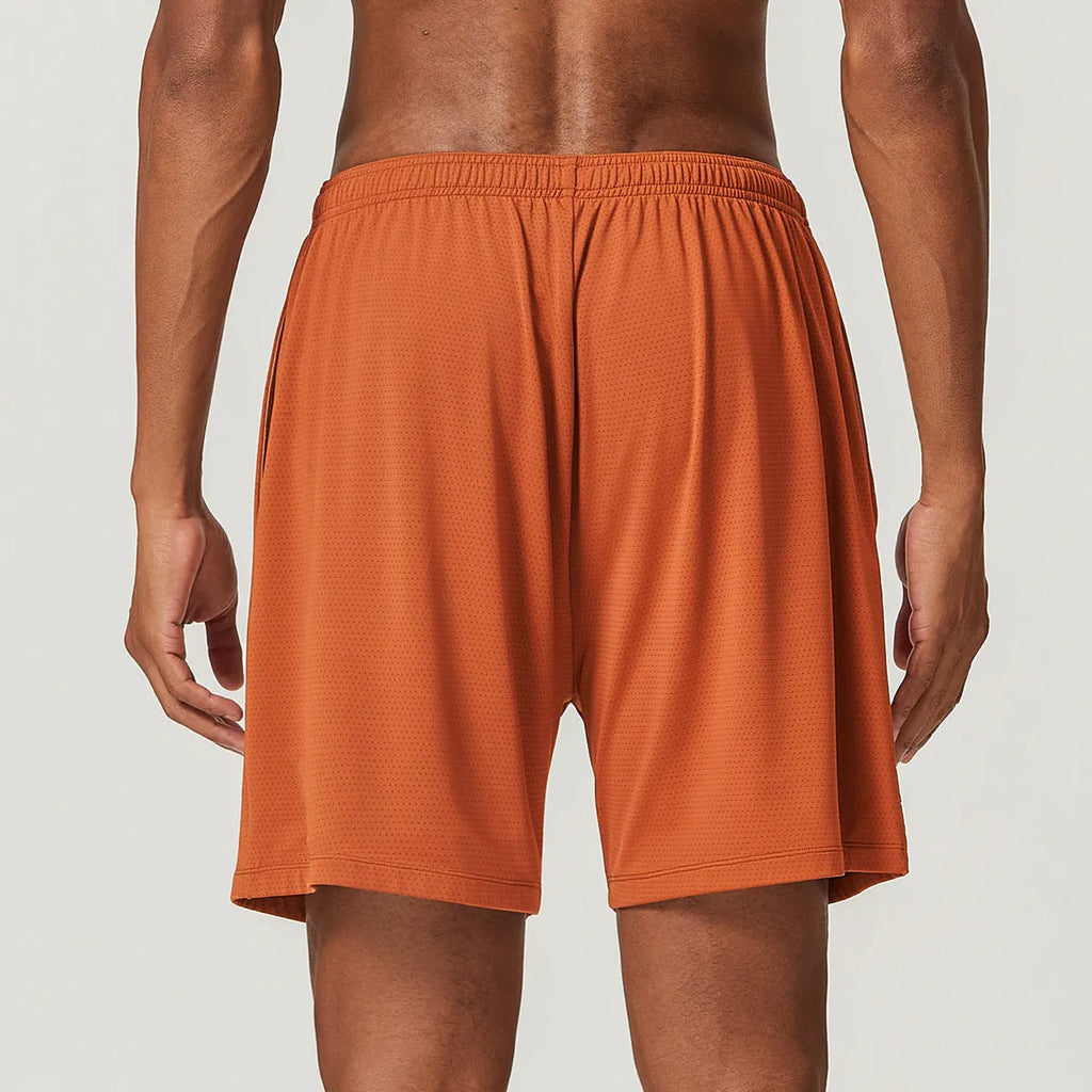 Men's sky blue double-layer running shorts with mid-waist fit and inner lining laid flat.