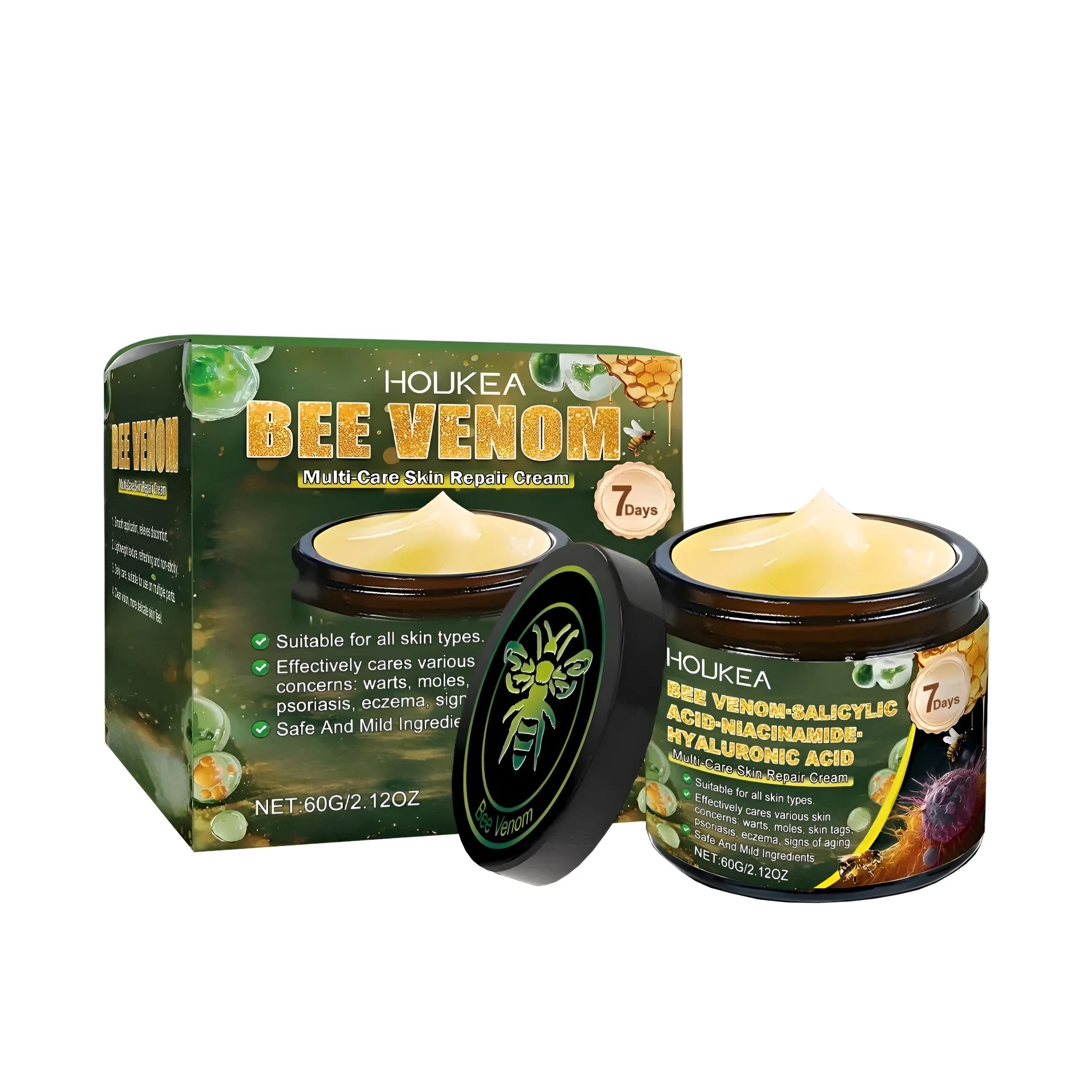 Skin soothing cream pot 60G with bee venom and mint leaves ingredients list on white background