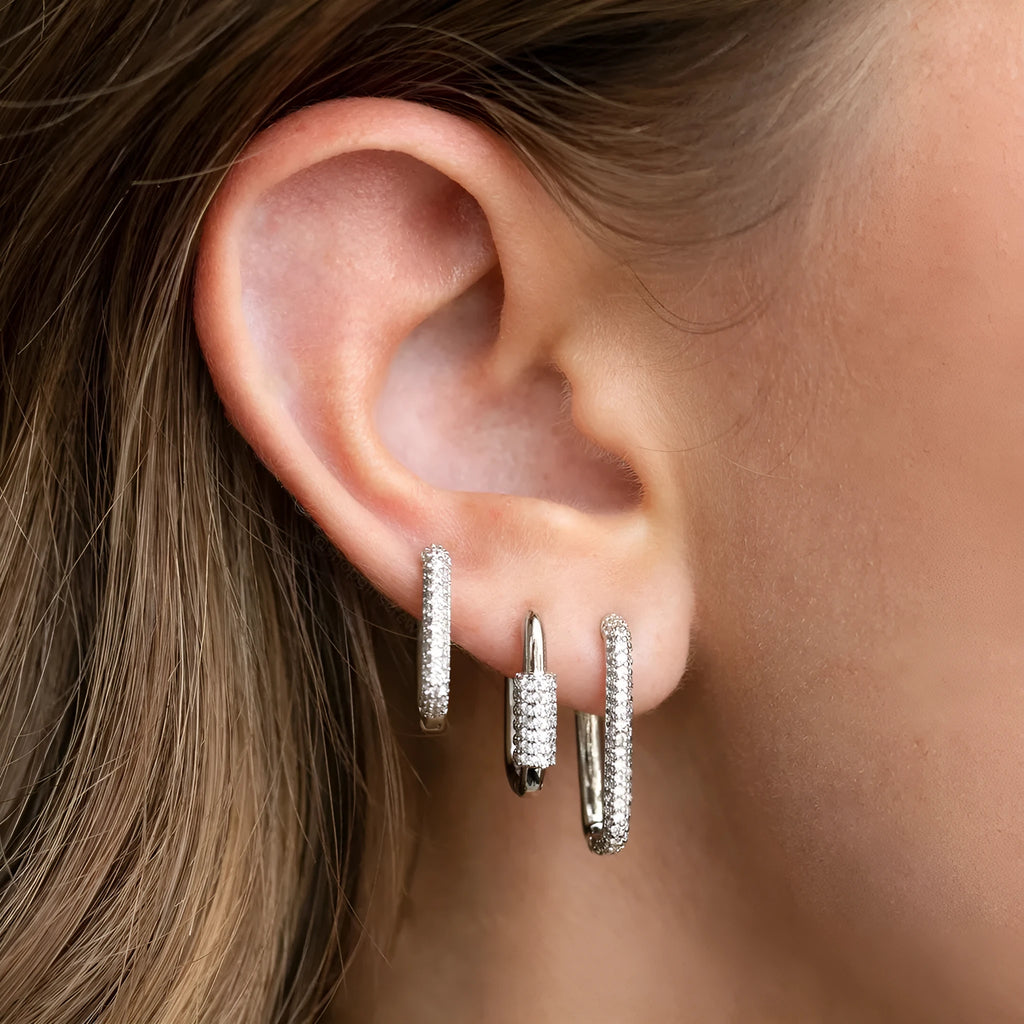 Three geometric square ear clips with micro inlaid zircon in gold and white K colours