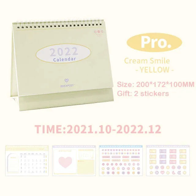 Cream coil-bound desk calendar for 2022, paper, 210g, Regular size 100x100x172mm, on a desk