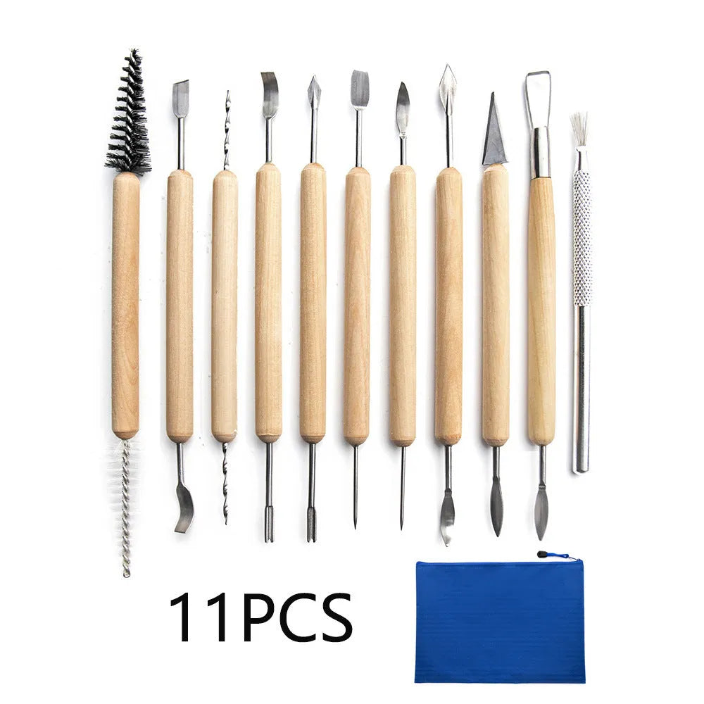 11-piece clay sculpting tool set with wooden handles and stainless steel heads on a blue felt bag.