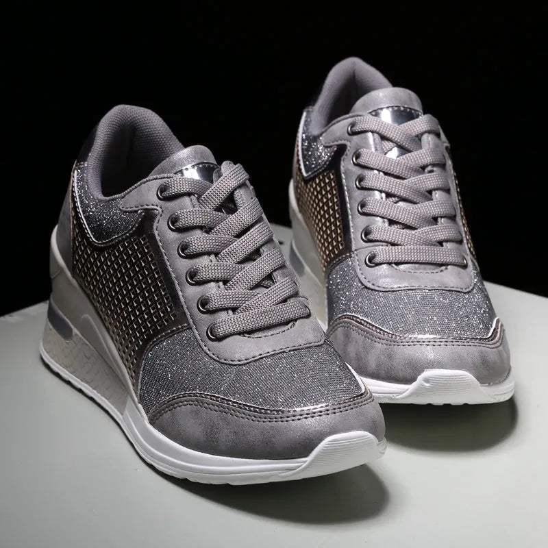 Women lace-up sneakers with 6.5cm height increase, PU upper, round toe, casual style in black