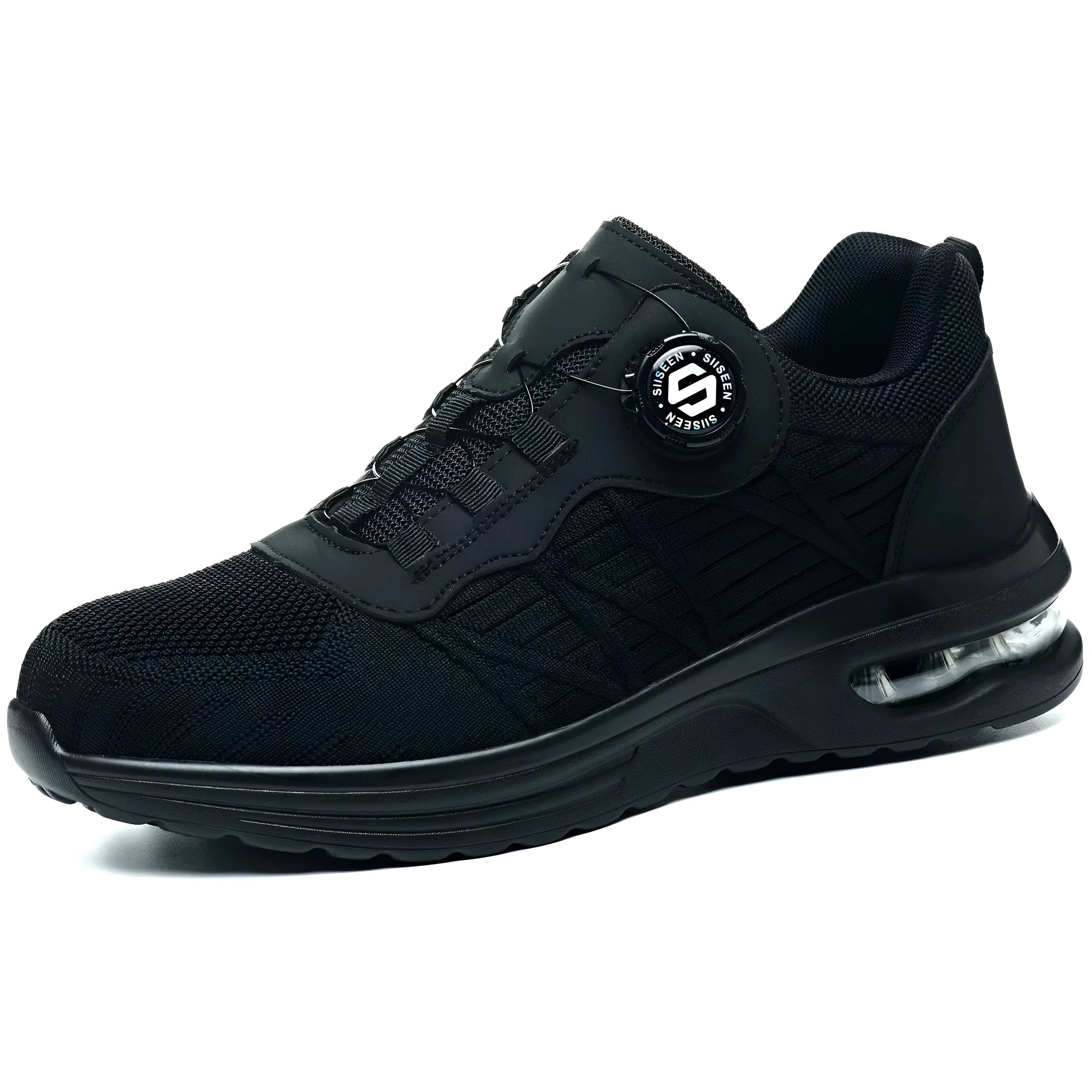 Pair of lightweight black anti-smashing safety work shoes with flying woven upper and rubber sole