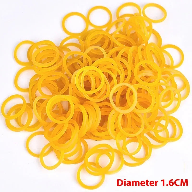 500g bag of assorted yellow rubber bands showing multiple diameters from 16mm to 70mm