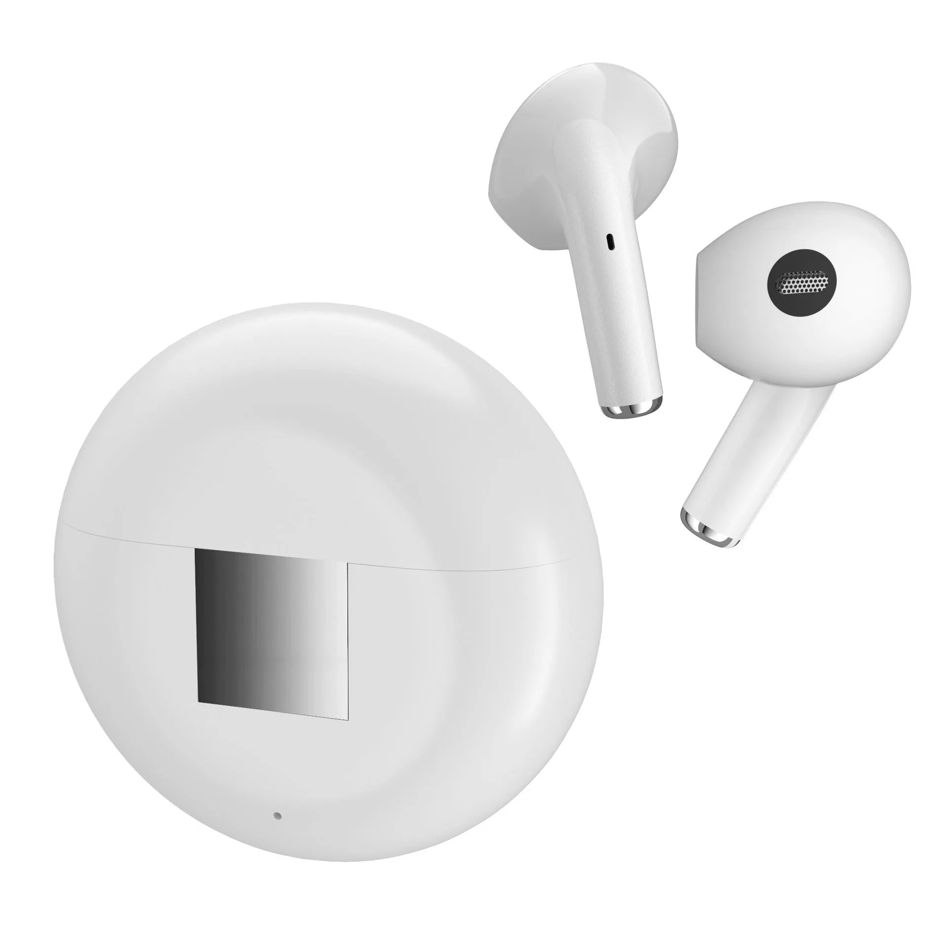 White Wireless Budz5 J6 semi-in-ear Bluetooth earbuds and charging case on a table.