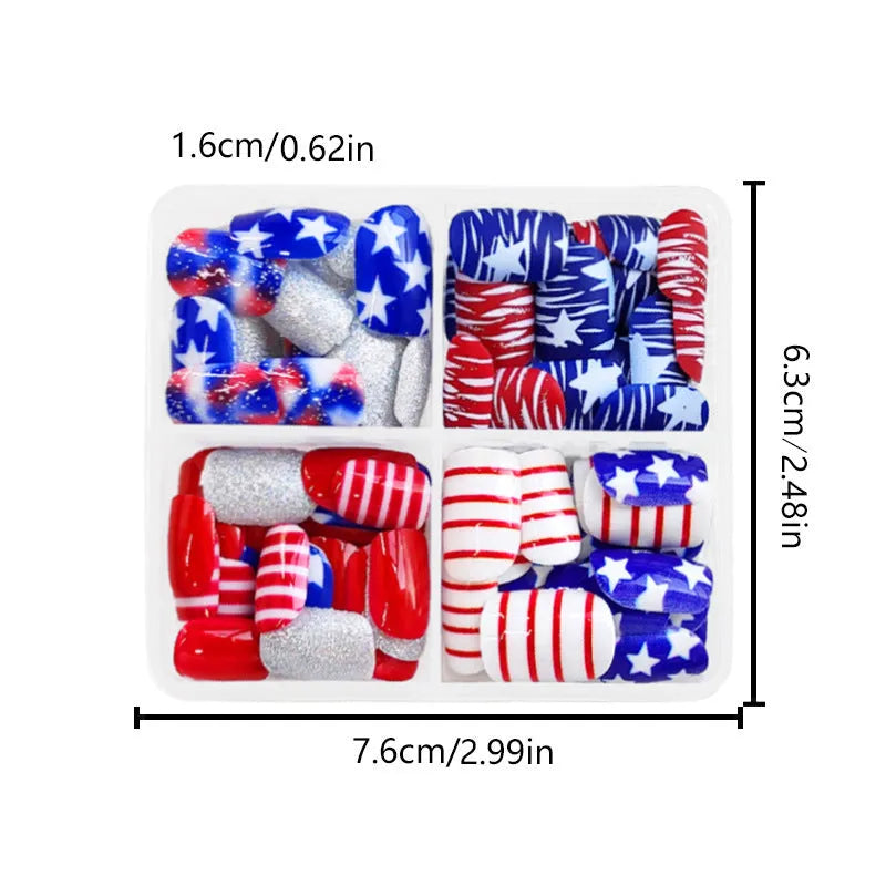 Independence Day glitter red and blue multicolor nail tips in European square shape 4 pack