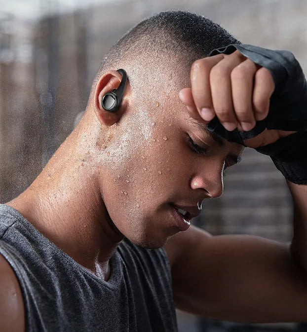 True wireless Bluetooth headset in Black with in-ear noise cancellation design and charging case