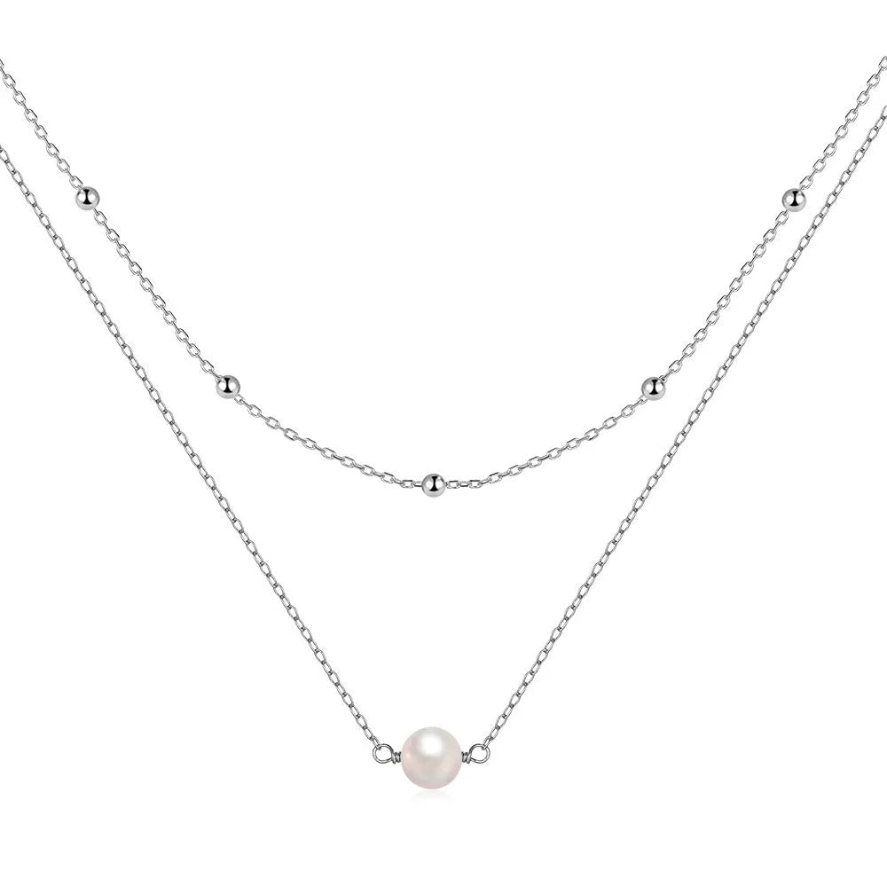 S925 sterling silver double layer women's necklace with twin pearls and geometric pendant on ball bead chain.