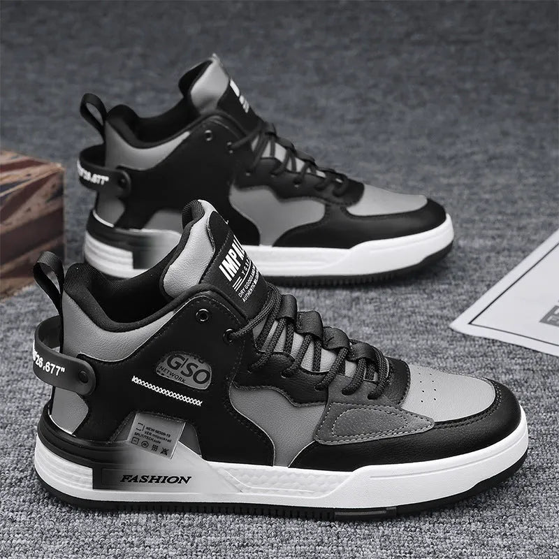 Men's khaki high-top casual shoes with PU upper and rubber sole on flat surface
