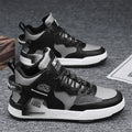 Men's khaki high-top casual shoes with PU upper and rubber sole on flat surface