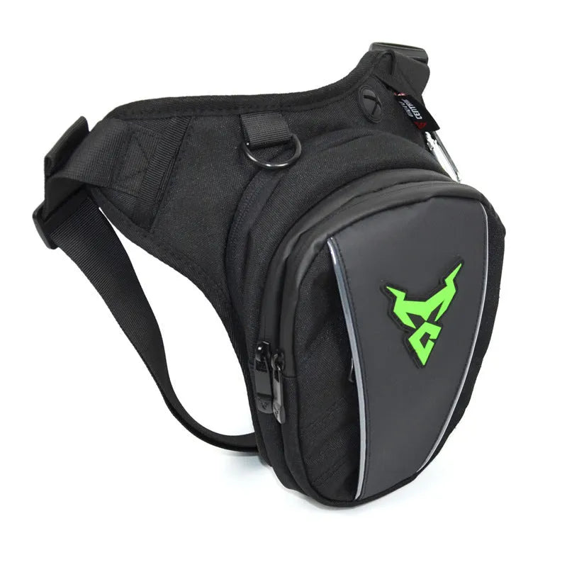 Motorcycle rider's leg bag in 1200D Oxford cloth, shown in red, blue, green, and grey colour options.