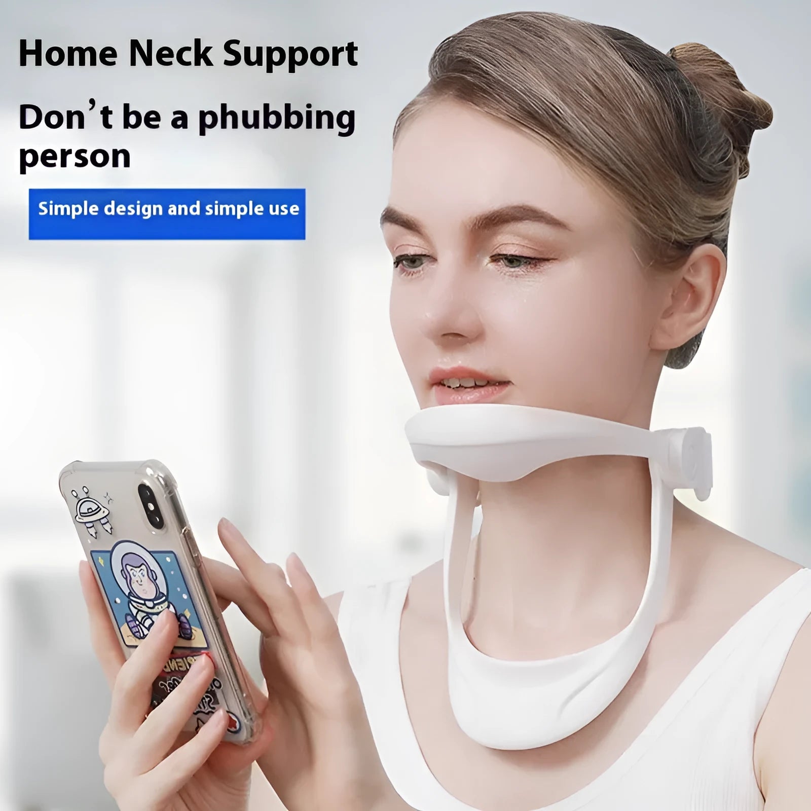 White adjustable neck support brace for cervical spine and shoulder posture correction.