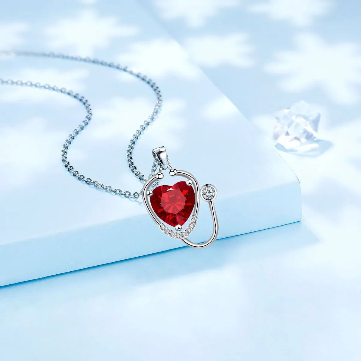 Women's copper stethoscope pendant necklace with electroplated red diamond colour finish